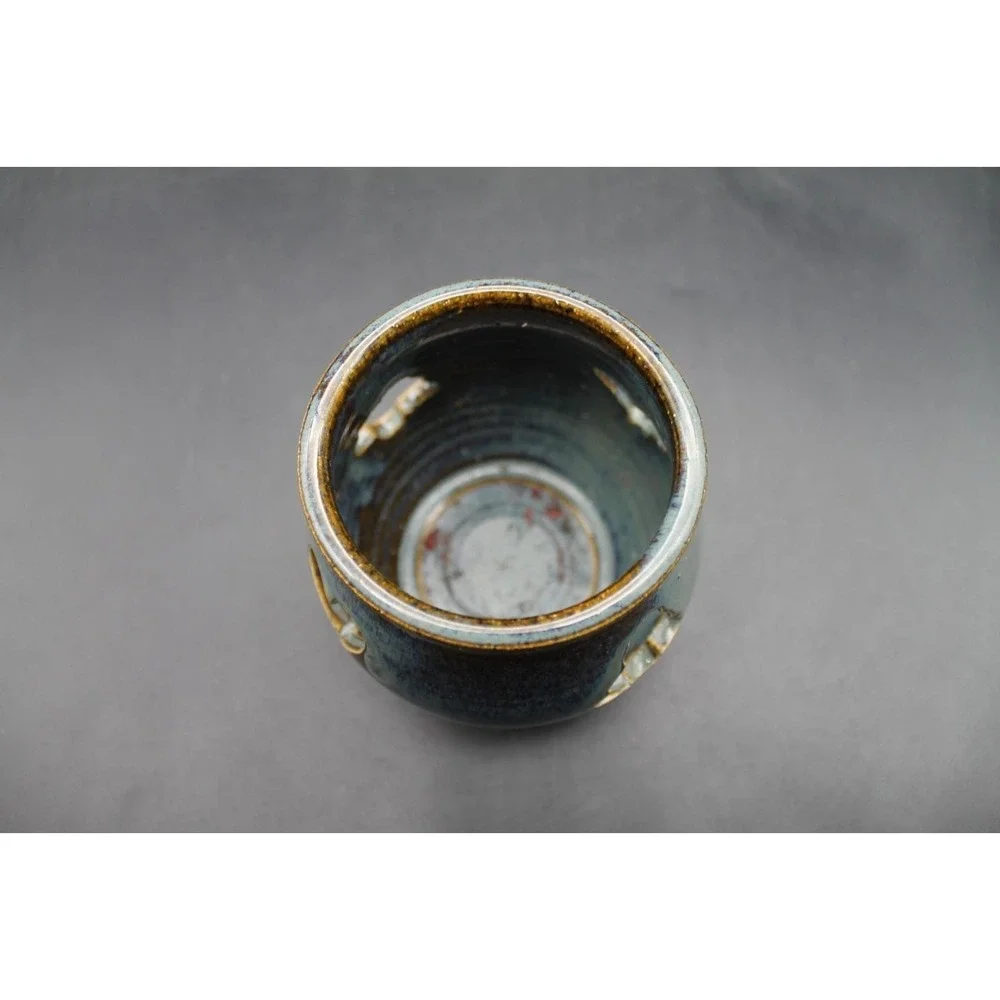 Handmade Pottery Luminary Candle Holder Blue Brown Glazed Tree Heart Cutouts